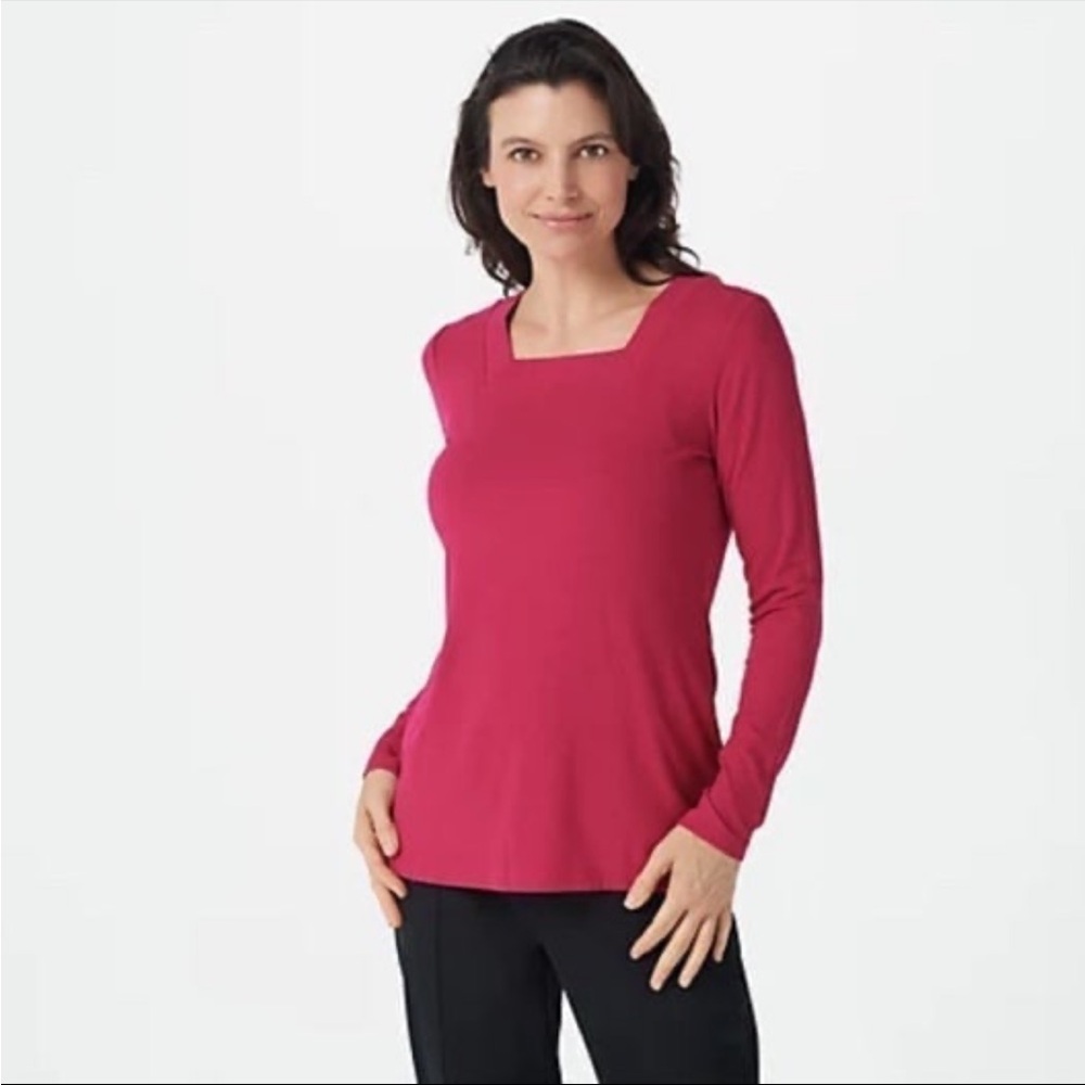 NWOT Susan Graver Rib Knit Square Neck Long-Sleeve Top Raspberry Plus Size 2X